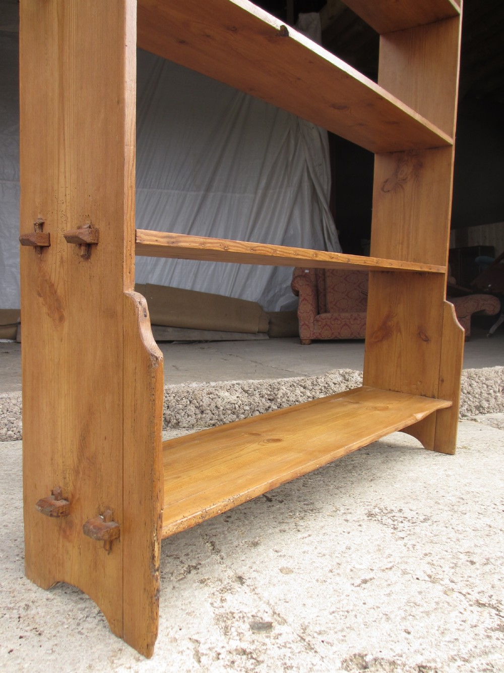 19th century pitch pine standing art and crafts shaped 5 tier bookcase View V