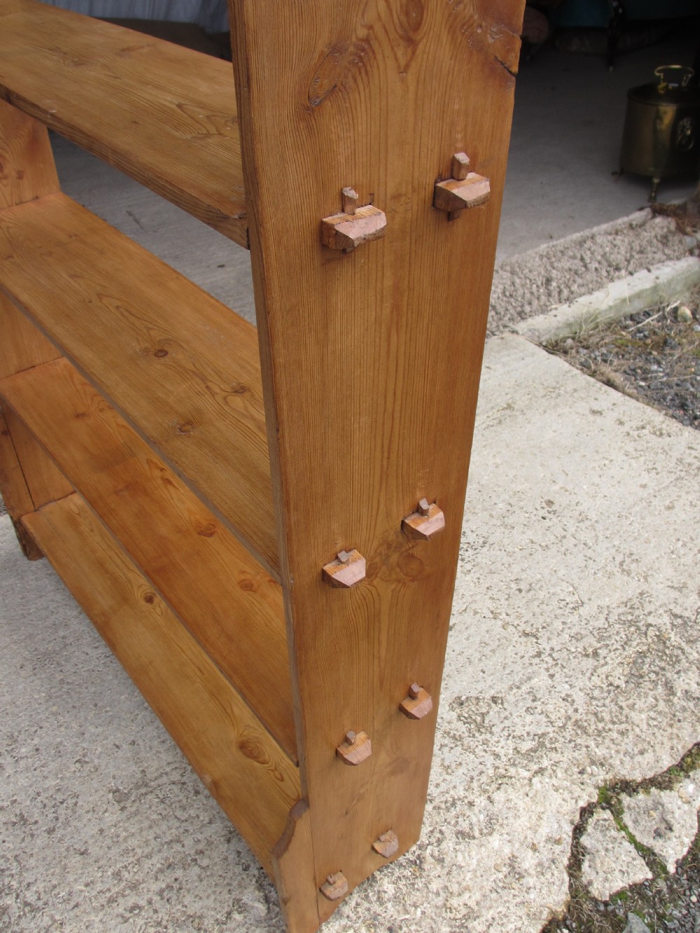 19th century pitch pine standing art and crafts shaped 5 tier bookcase View XI