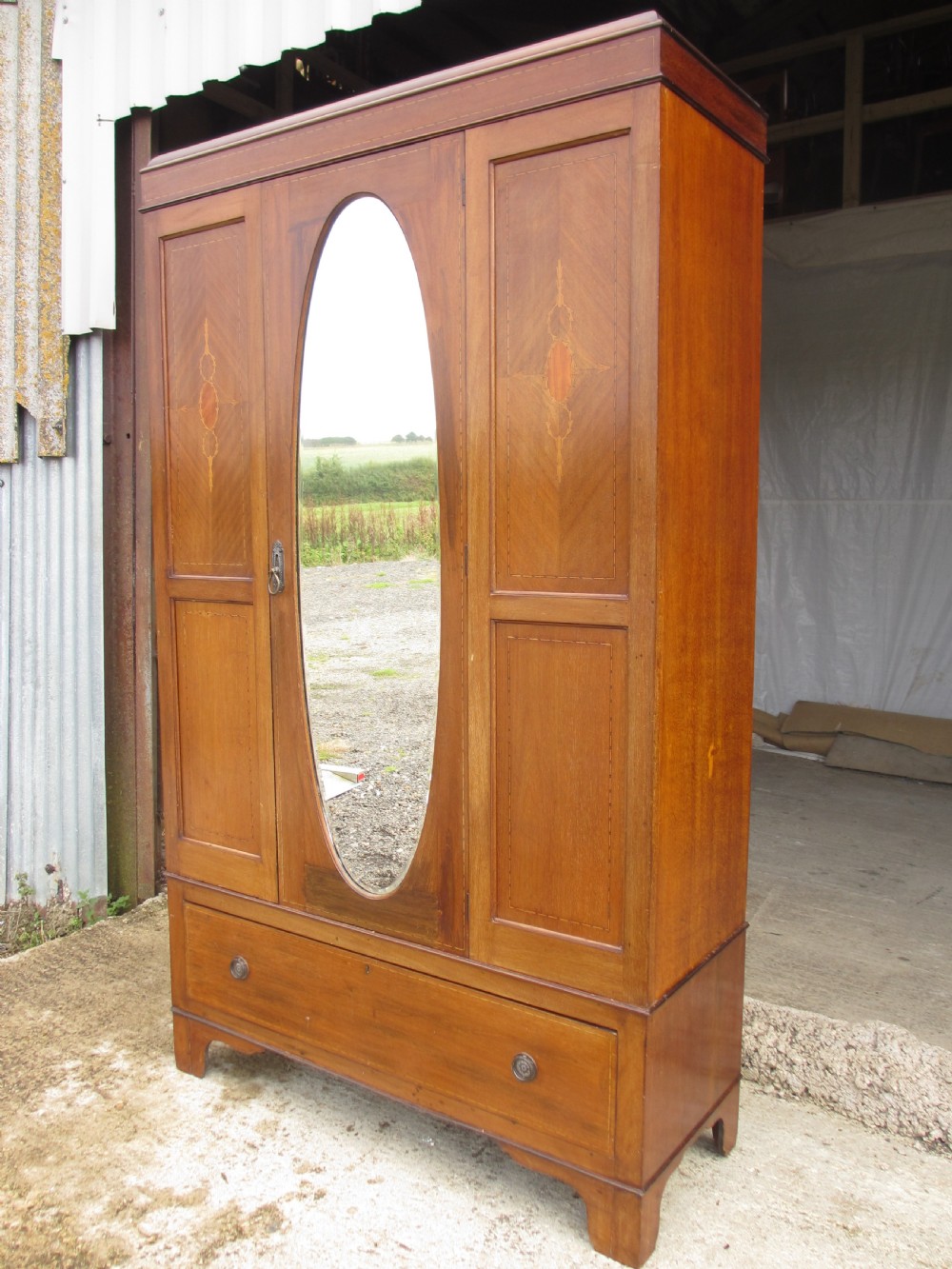 Late 19th century mahogany Sheraton revival inlaid wardrobe  View II