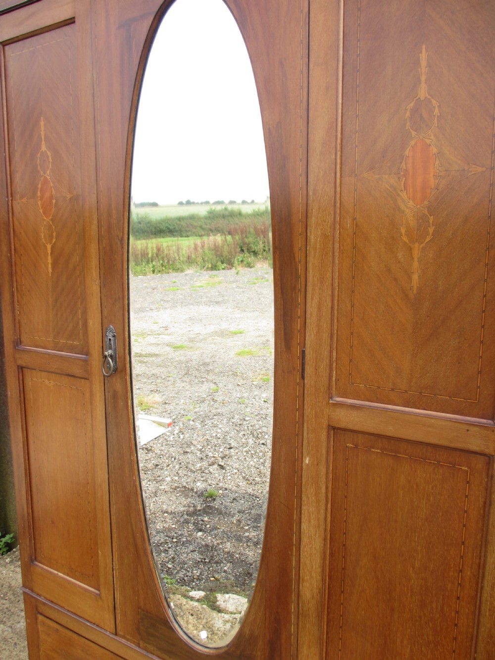 Late 19th century mahogany Sheraton revival inlaid wardrobe  View V
