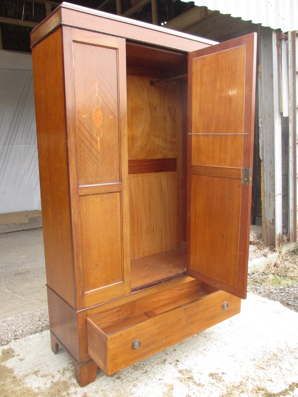 Late 19th century mahogany Sheraton revival inlaid wardrobe  View IX