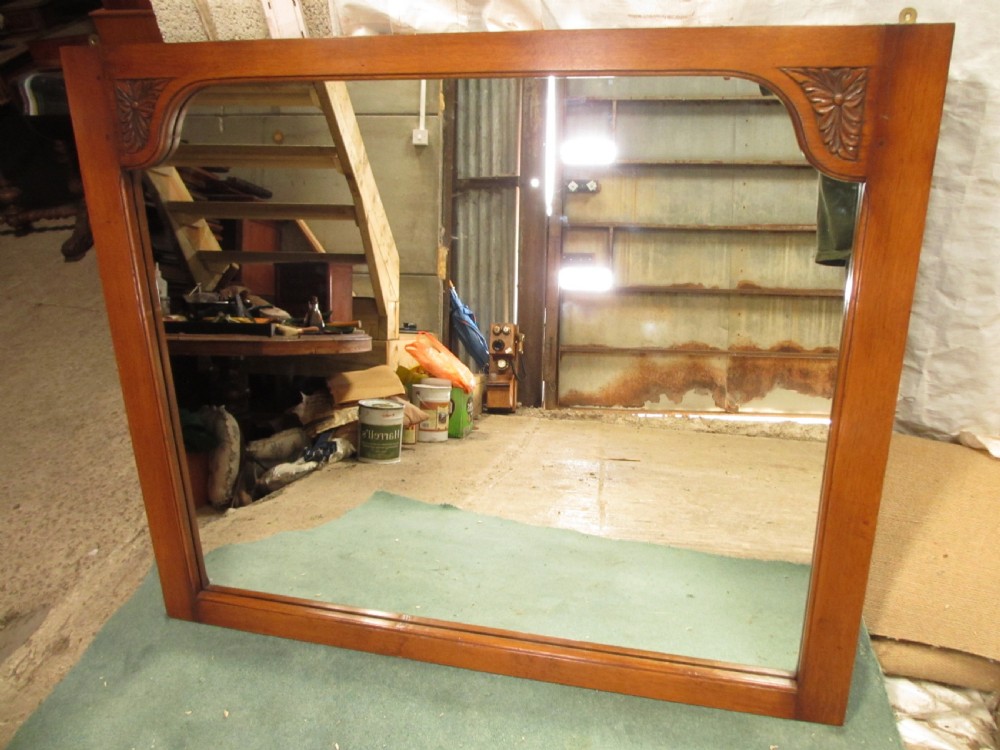 Edwardian large oak framed over-mantle wall hanging mirror