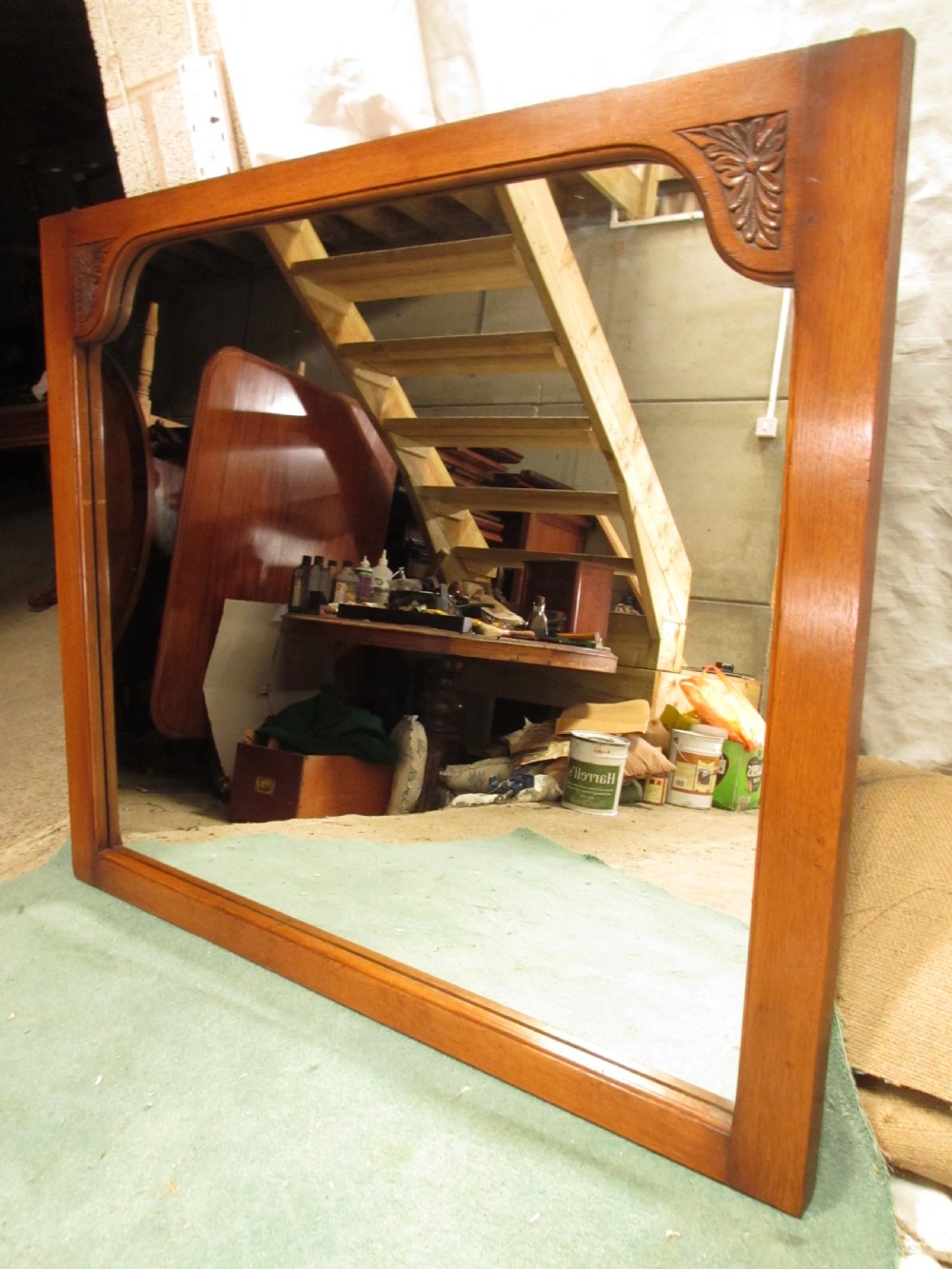 Edwardian large oak framed over-mantle wall hanging mirror View III