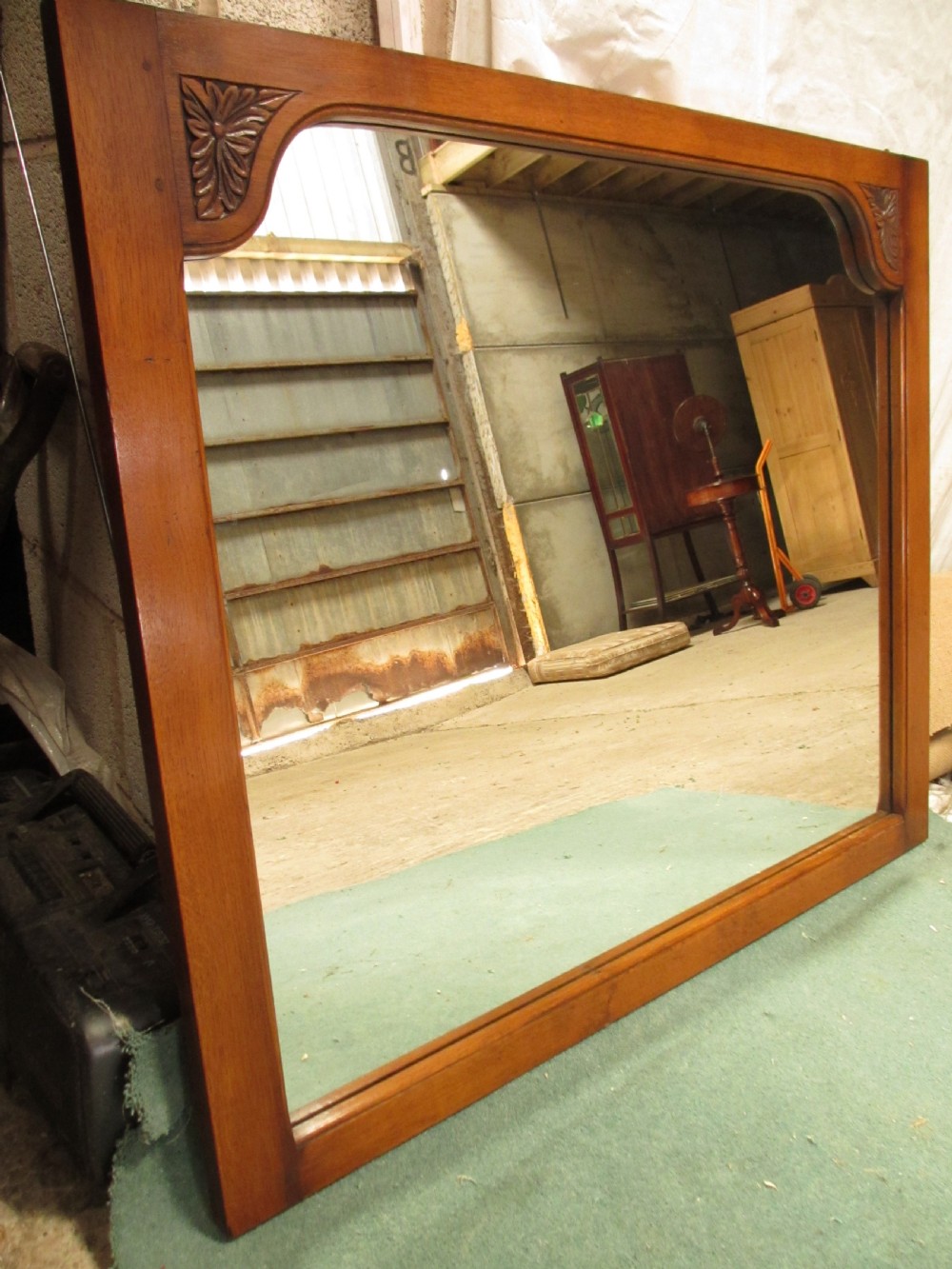 Edwardian large oak framed over-mantle wall hanging mirror View IV
