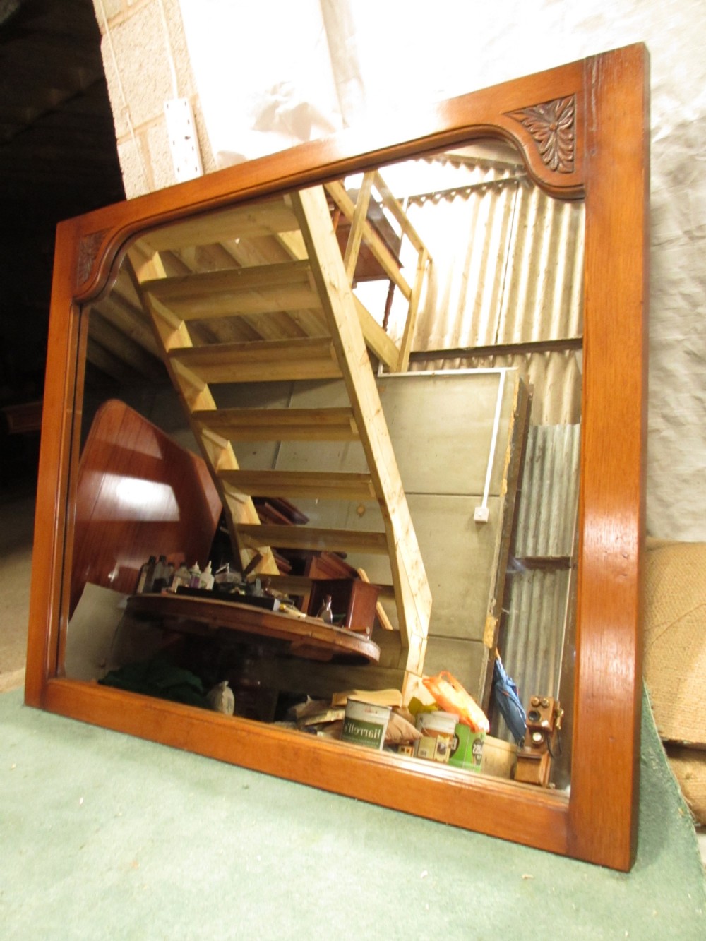 Edwardian large oak framed over-mantle wall hanging mirror View VI