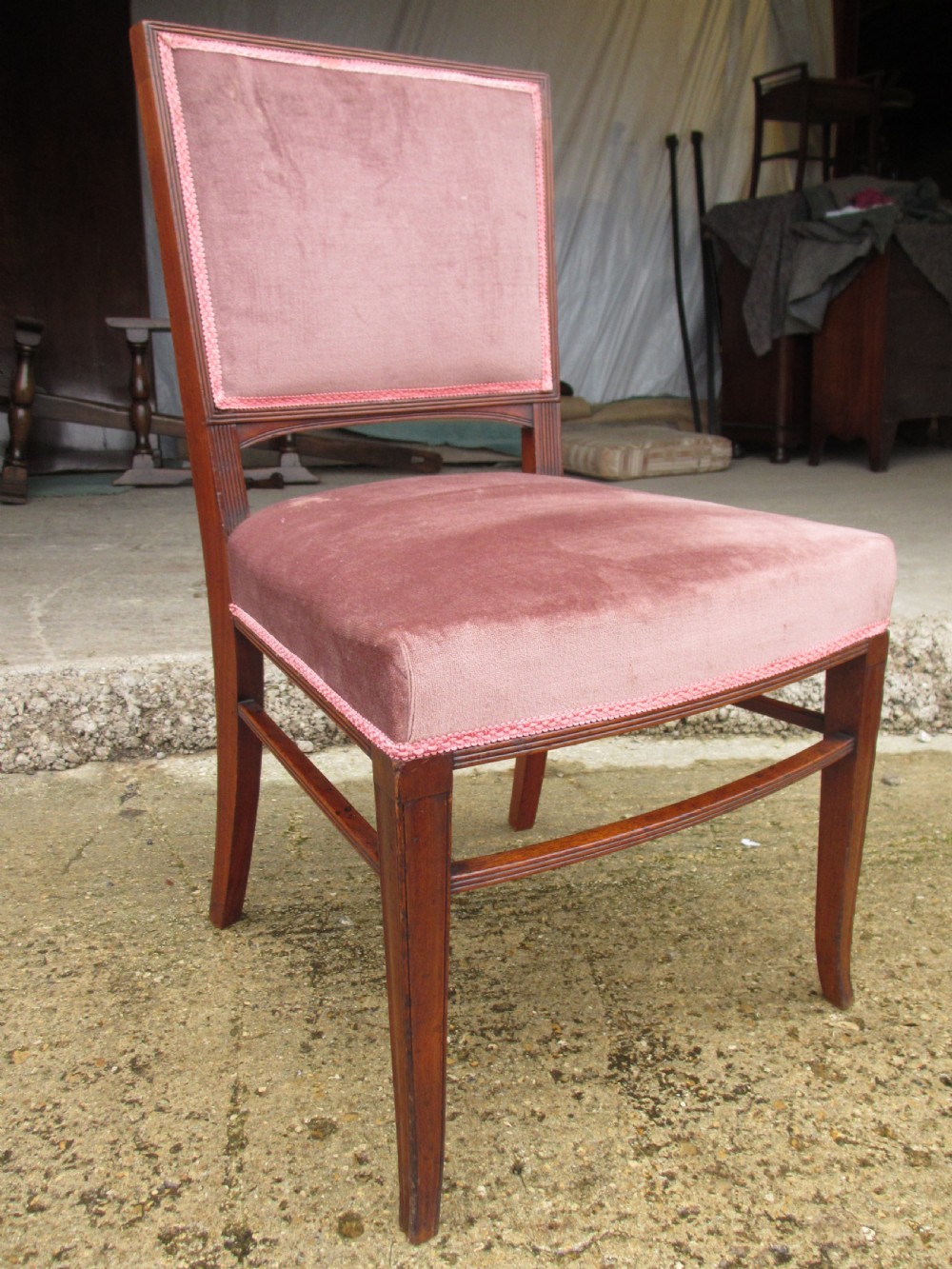 A pair of 19th-century mahogany dining chairs featuring upholstered dusty pink velvet rectangular backs and seats with reeded wooden legs. View IV