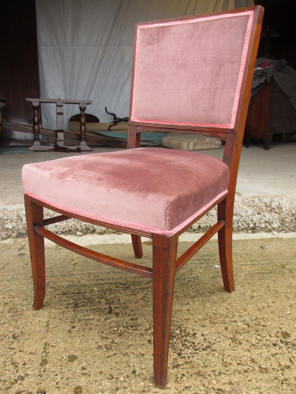 A pair of 19th-century mahogany dining chairs featuring upholstered dusty pink velvet rectangular backs and seats with reeded wooden legs. View V