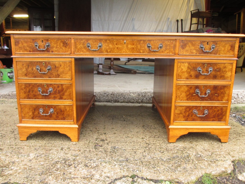 Quality burr and walnut tooled leather desk  View II