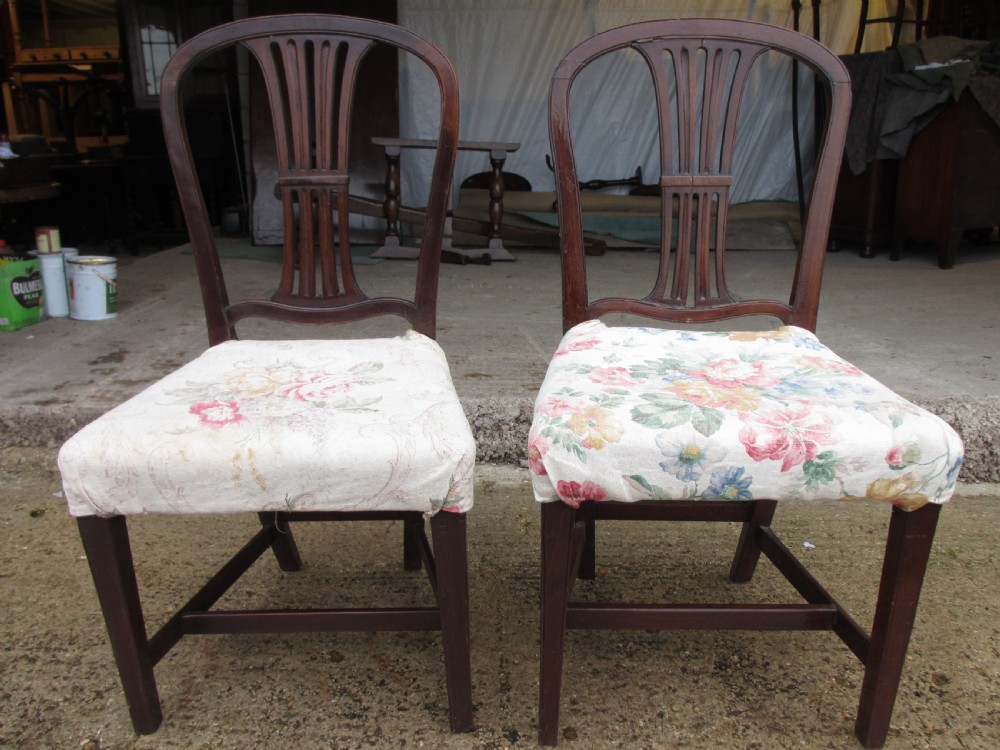 A pair of 19th-century mahogany dining chairs featuring openwork pierced vase splats, square legs with stretchers, and floral drop-in fabric seats.