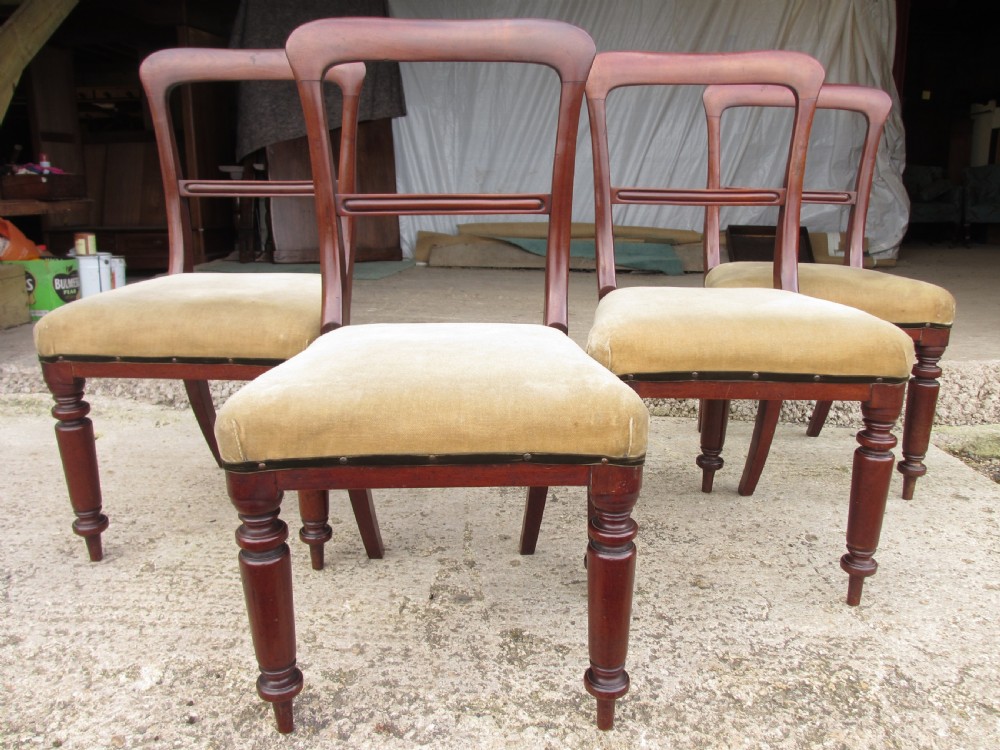 A set of four 19th-century mahogany dining chairs with curved bar backs, turned front legs, and cushioned tan velvet seats. View IV
