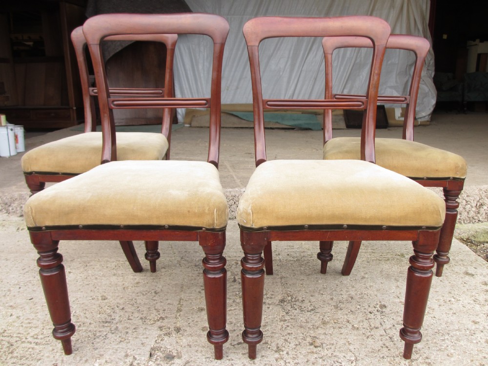 A set of four 19th-century mahogany dining chairs with curved bar backs, turned front legs, and cushioned tan velvet seats.