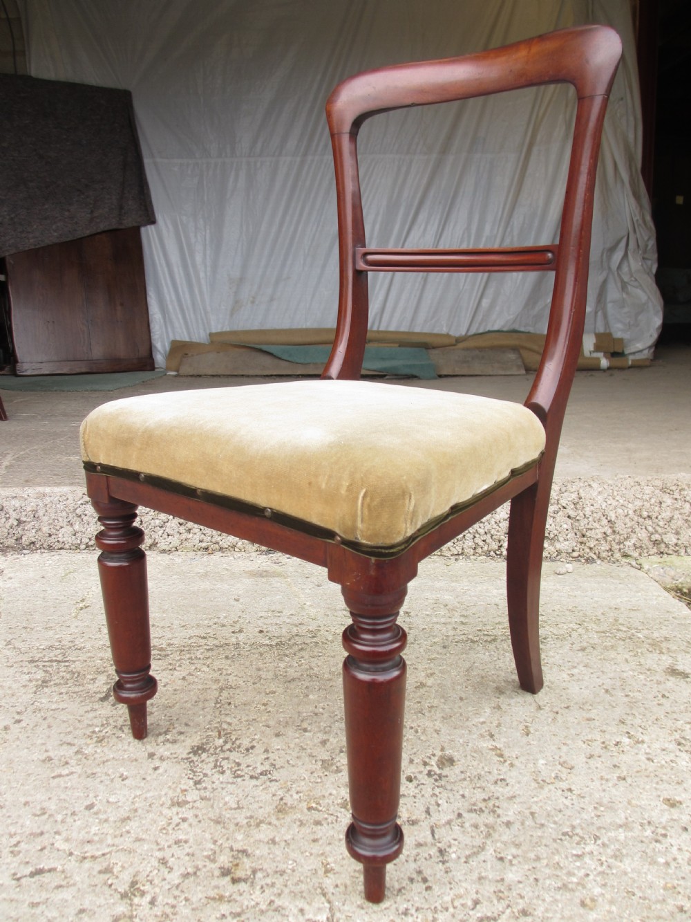 A set of four 19th-century mahogany dining chairs with curved bar backs, turned front legs, and cushioned tan velvet seats. View VI
