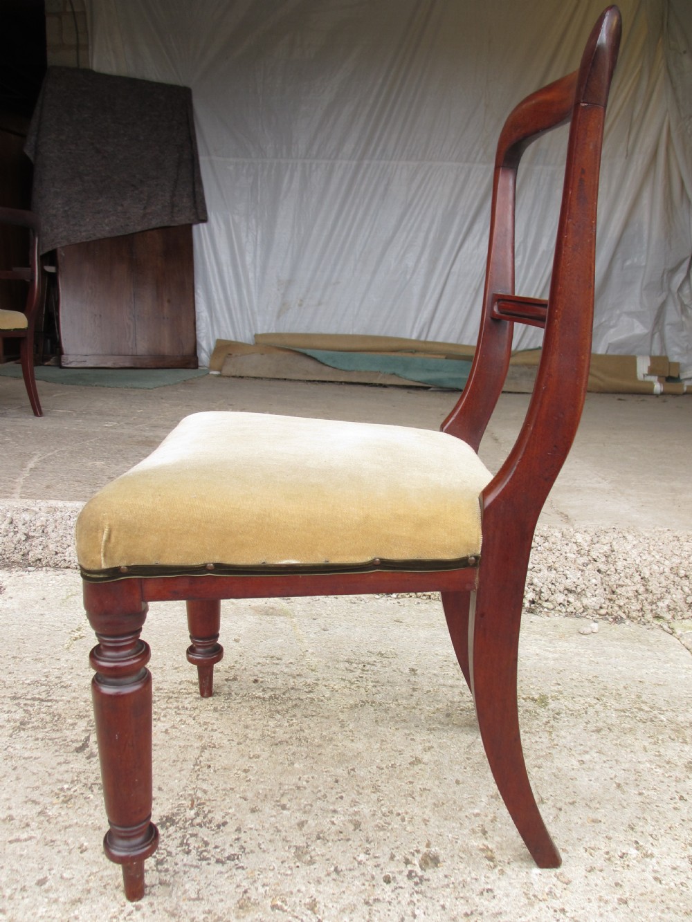 A set of four 19th-century mahogany dining chairs with curved bar backs, turned front legs, and cushioned tan velvet seats. View XI