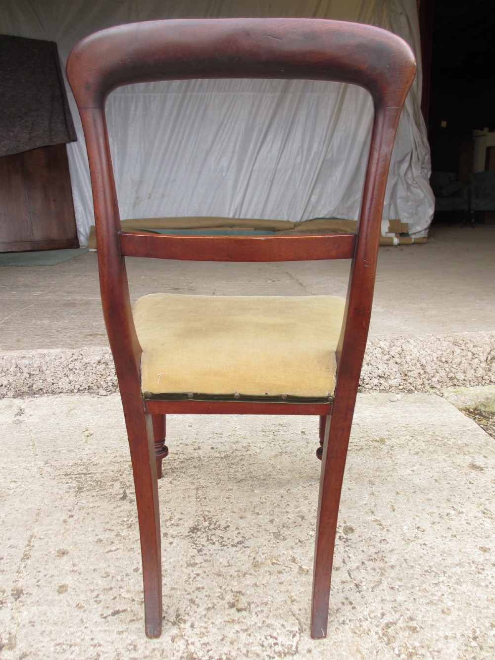 A set of four 19th-century mahogany dining chairs with curved bar backs, turned front legs, and cushioned tan velvet seats. View XII
