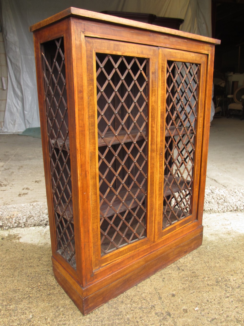 An antique Regency mahogany and walnut bookcase cabinet featuring twin doors and side panels with diamond lattice metal grilles.