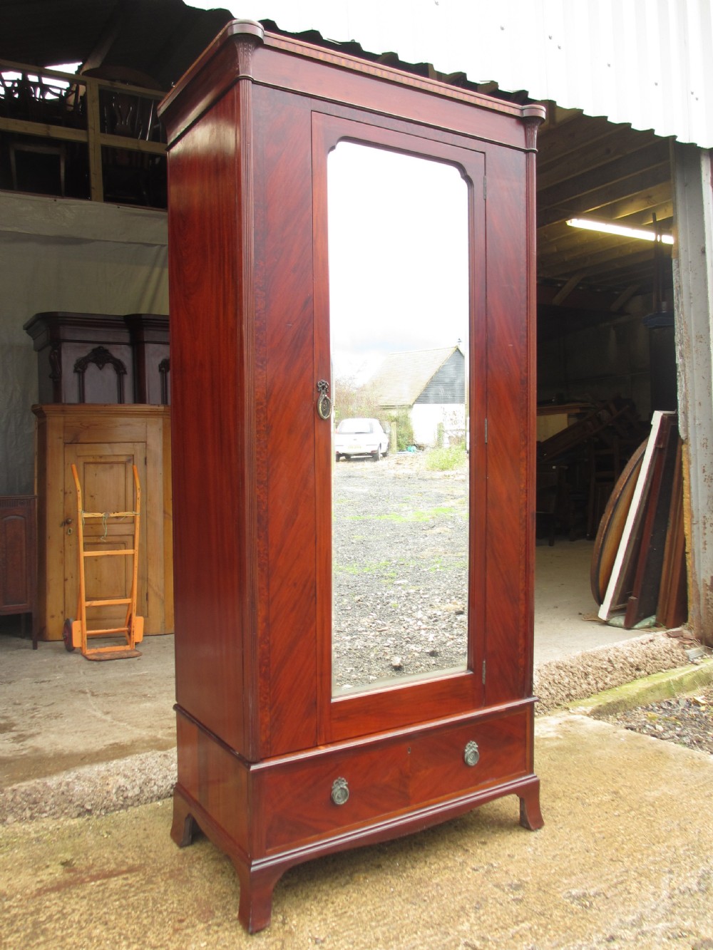 quality 19th century mahogany and walnut crossbanded mirror door wardrobe  View III