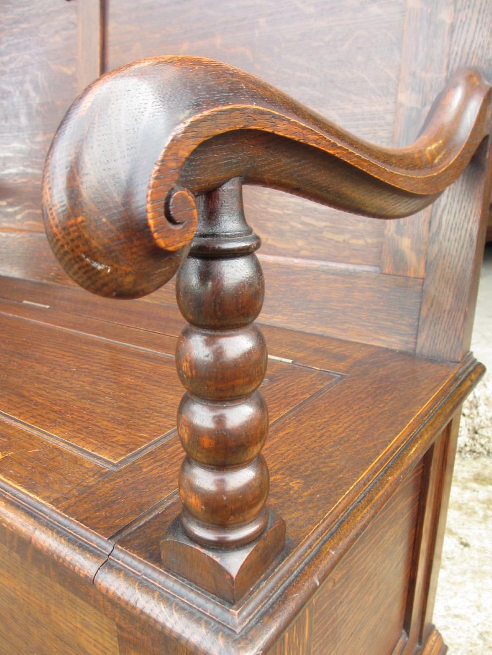 victorian oak panelled box settle with scroll and bobbin turned arms View VI