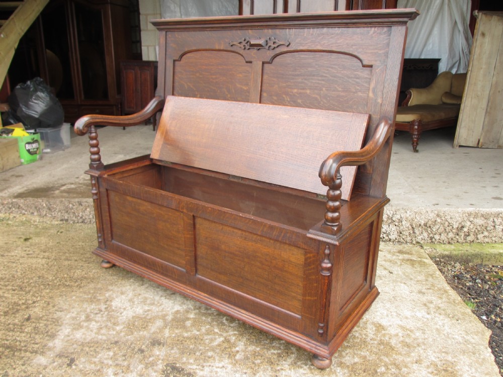 victorian oak panelled box settle with scroll and bobbin turned arms View X