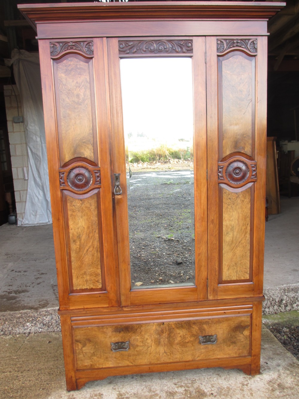 victorian art nouveau burr walnut mirror door wardrobe