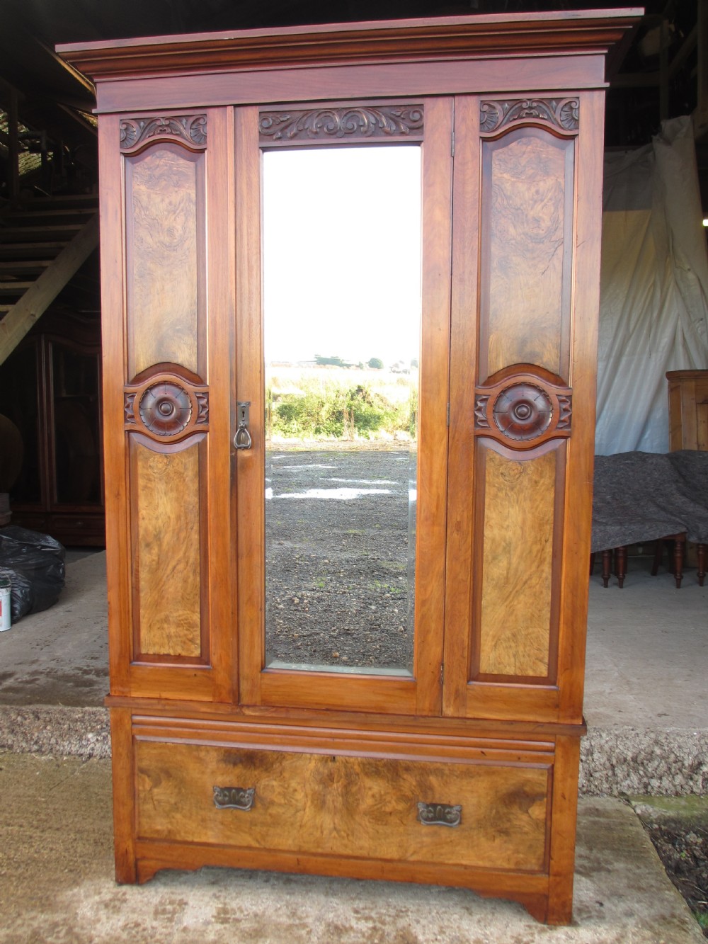 victorian art nouveau burr walnut mirror door wardrobe View II