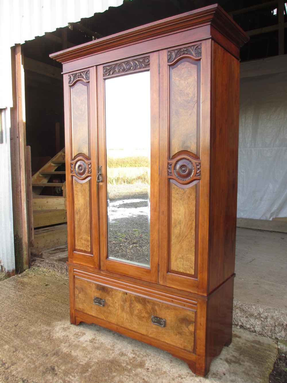victorian art nouveau burr walnut mirror door wardrobe View III