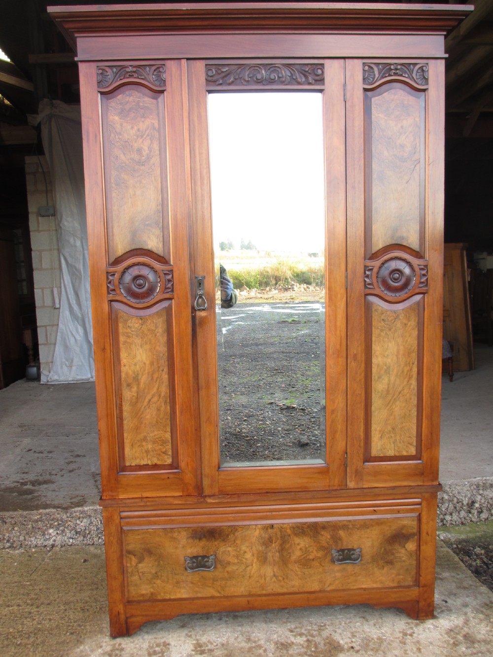 victorian art nouveau burr walnut mirror door wardrobe View IV