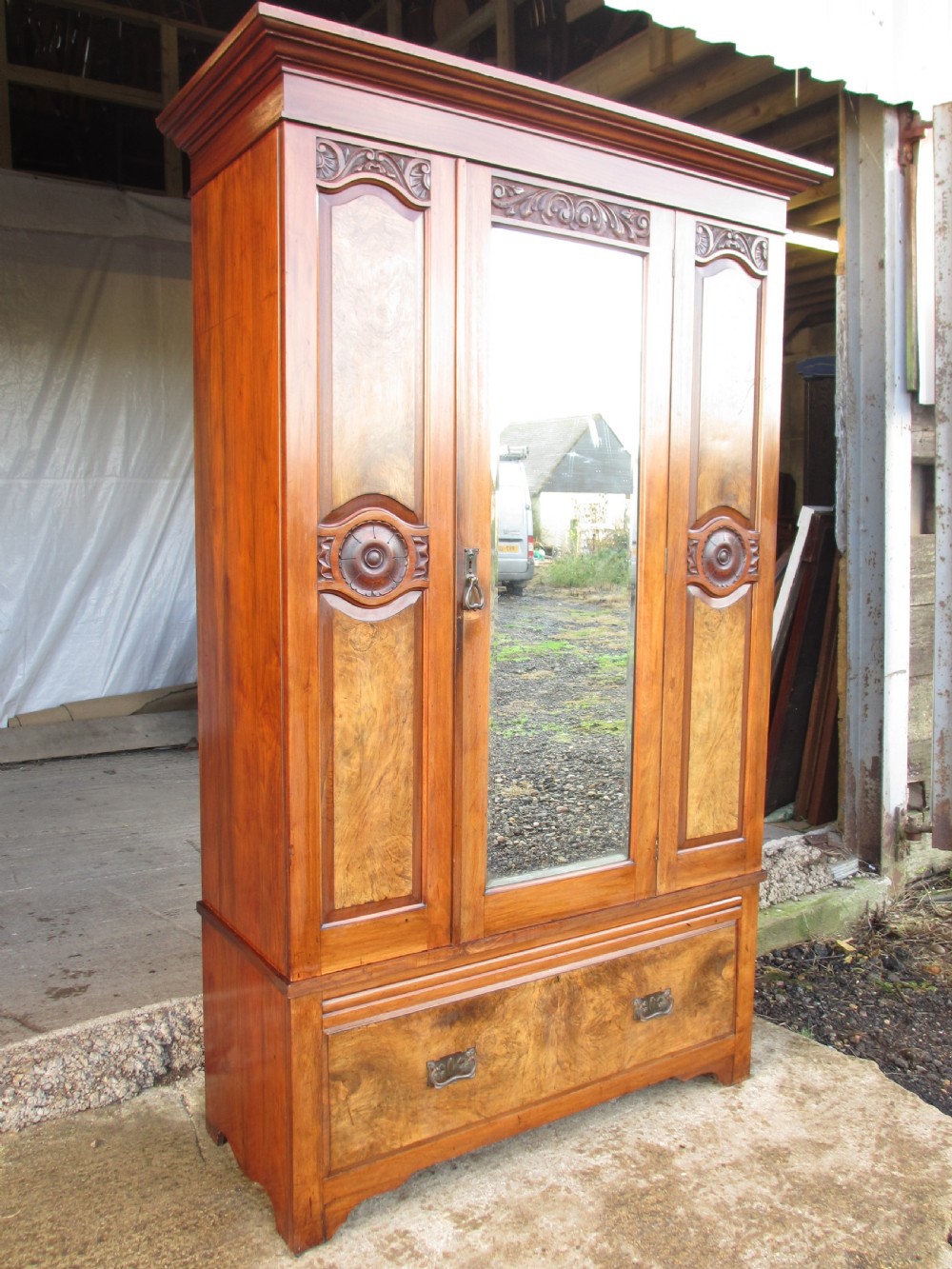victorian art nouveau burr walnut mirror door wardrobe View VI