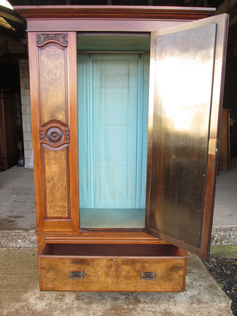 victorian art nouveau burr walnut mirror door wardrobe View XIV