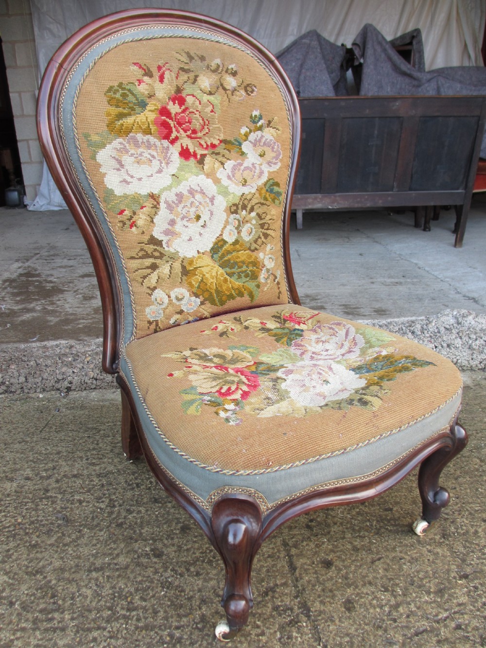 victorian mahogany and needlework upholstered nursing chair View II