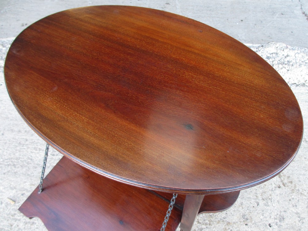 Victorian mahogany oval occasional table with lower shelf and fold-down side leaves held by metal chains. View IV