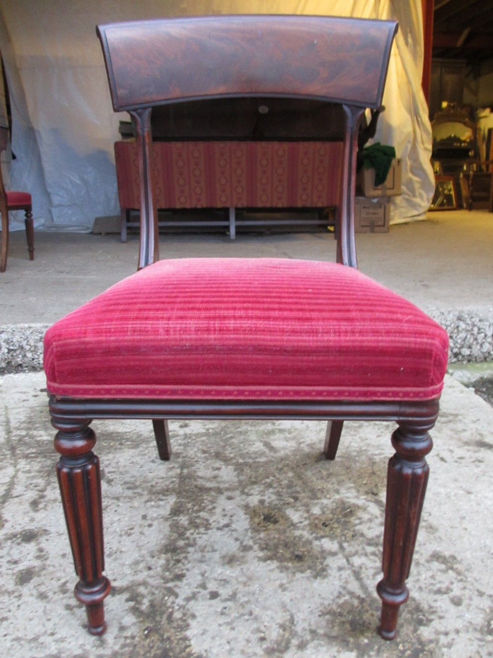 A set of six William IV mahogany dining chairs featuring curved top rails with flame mahogany veneer, reeded turned front legs, and red striped upholstered seats. View V