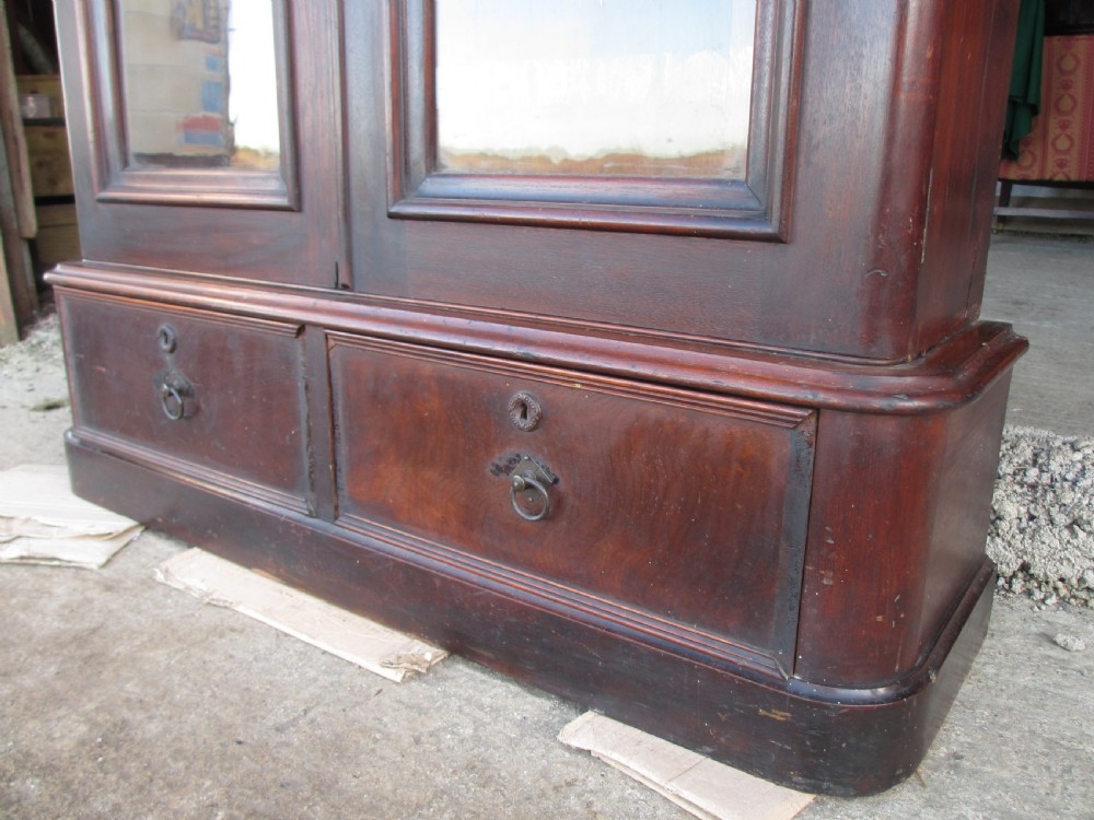 A tall 19th-century mahogany glazed bookcase featuring two long arched glass doors above a base fitted with two drawers. View VI