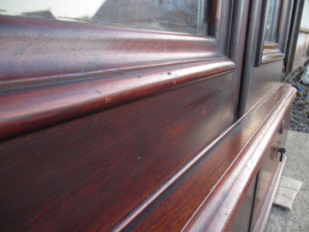 A tall 19th-century mahogany glazed bookcase featuring two long arched glass doors above a base fitted with two drawers. View XI