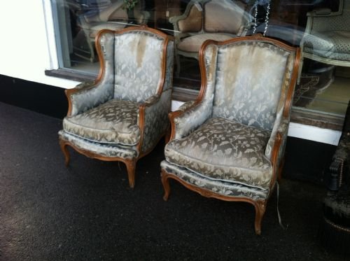 Pair French Wing Chairs in Carved Beech