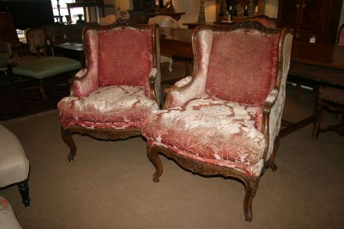 Pair French Walnut Wing Chairs