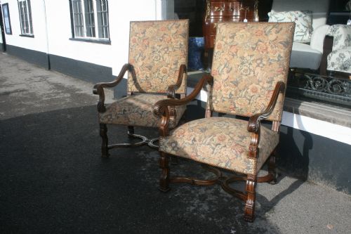 Pair French High Back Oak Armchairs
