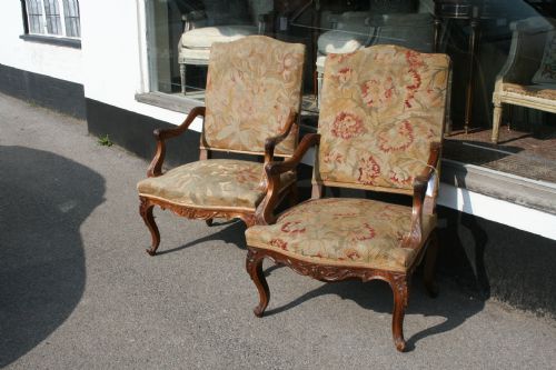 Pair French Regence Style Armchairs in Walnut