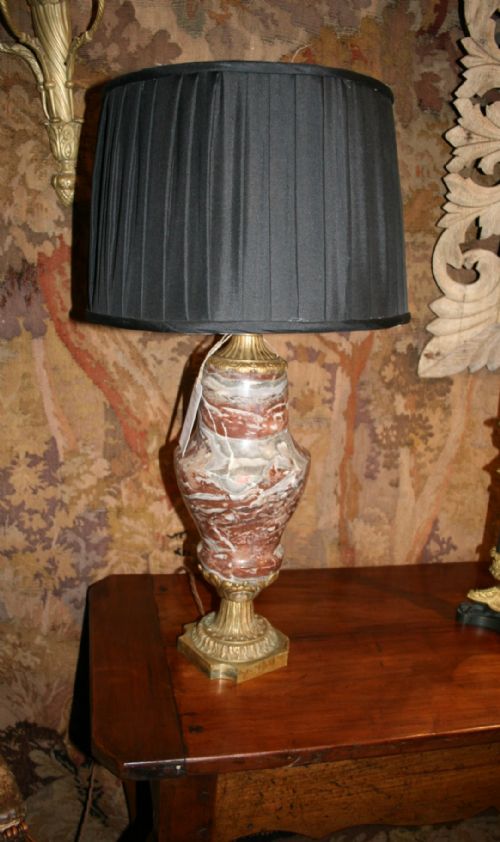 Pair of Red Marble and Brass Urns Converted to Electricity