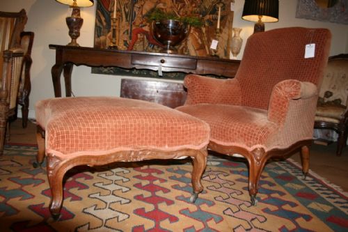 French Walnut Chair and Stool 
