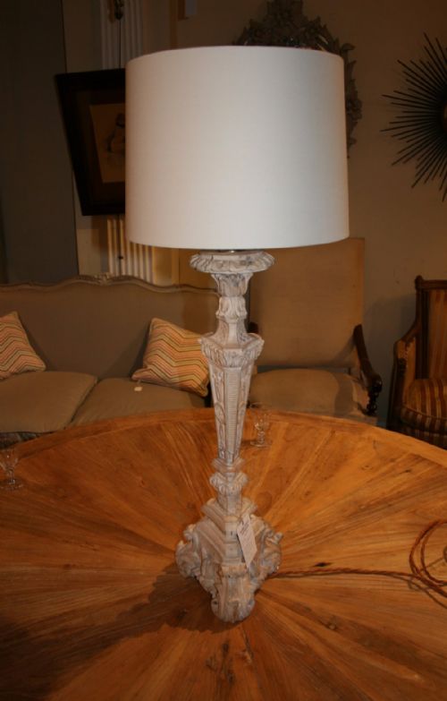 Carved Wood Antique Prickett Lamp