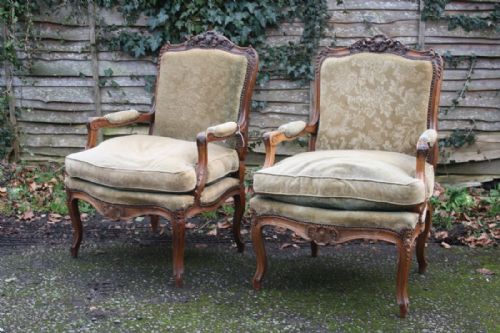 Pair of French Louis Xv Style Armchairs in Walnut
