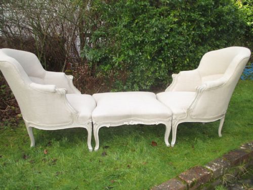 French Pair of Armchairs with Matching Stool