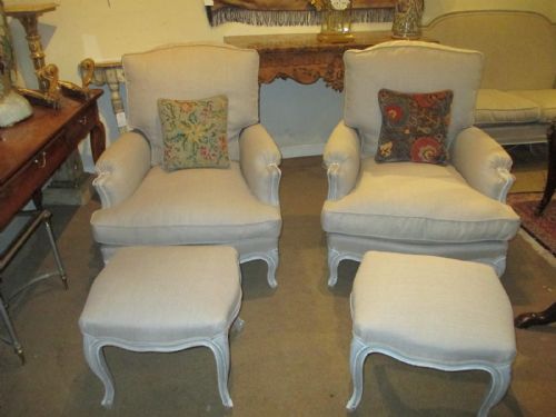 Large Pair of French Armchairs with Matching Stools