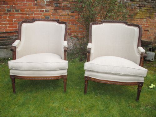 Pair of French Walnut Bergere Armchairs