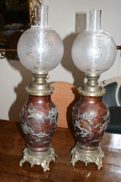 Pair of Bronze Oil Lamps