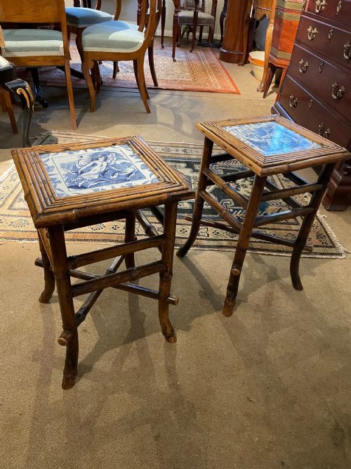 Pair of Bamboo and Wedgwood Side Tables