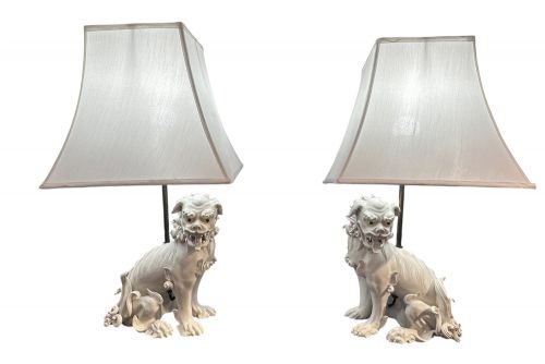Pair of Early 20th Century Shi Lion or Dog of Fo Blanc De Chine Lamps