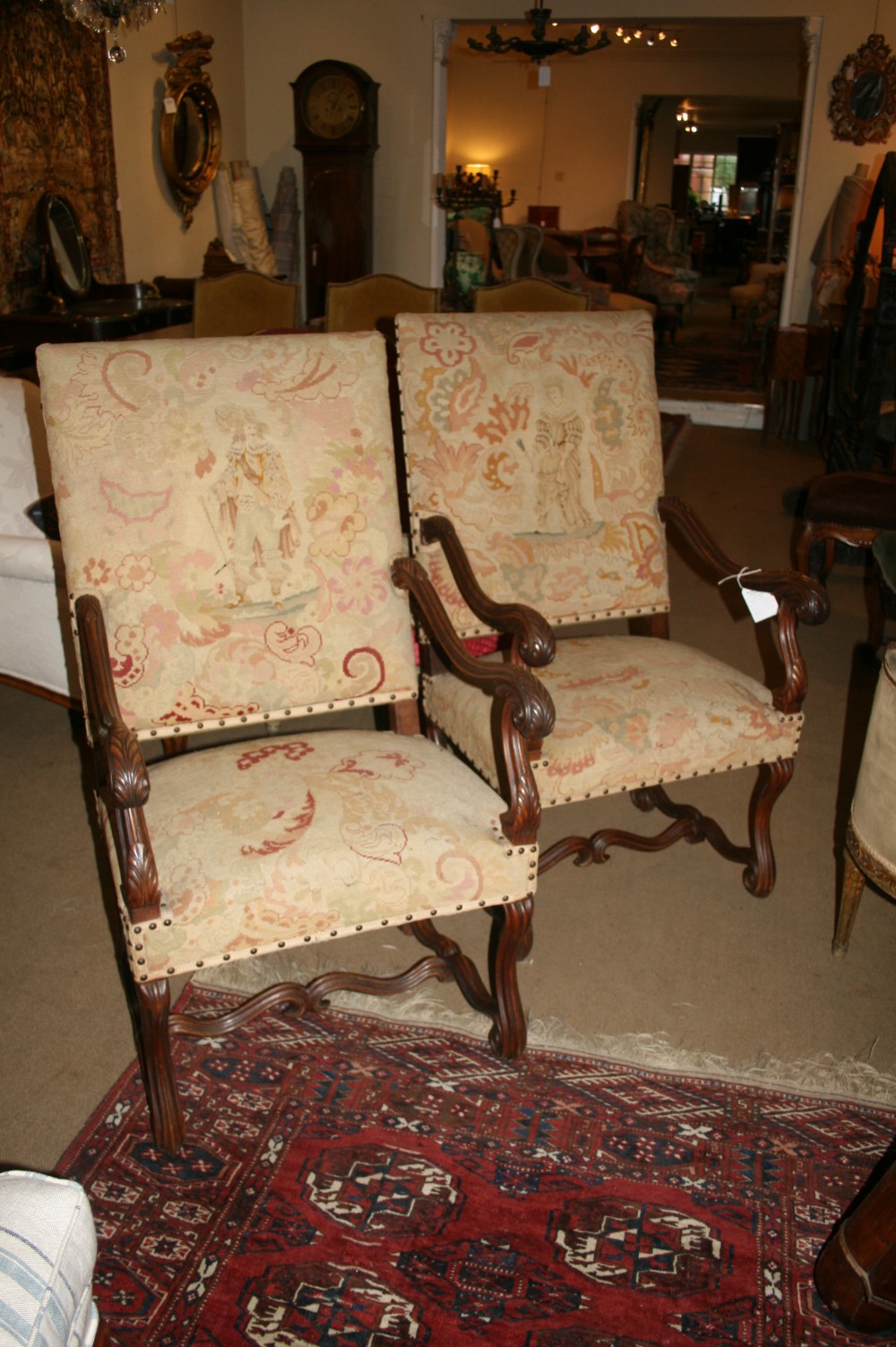 pair French high back armchairs 