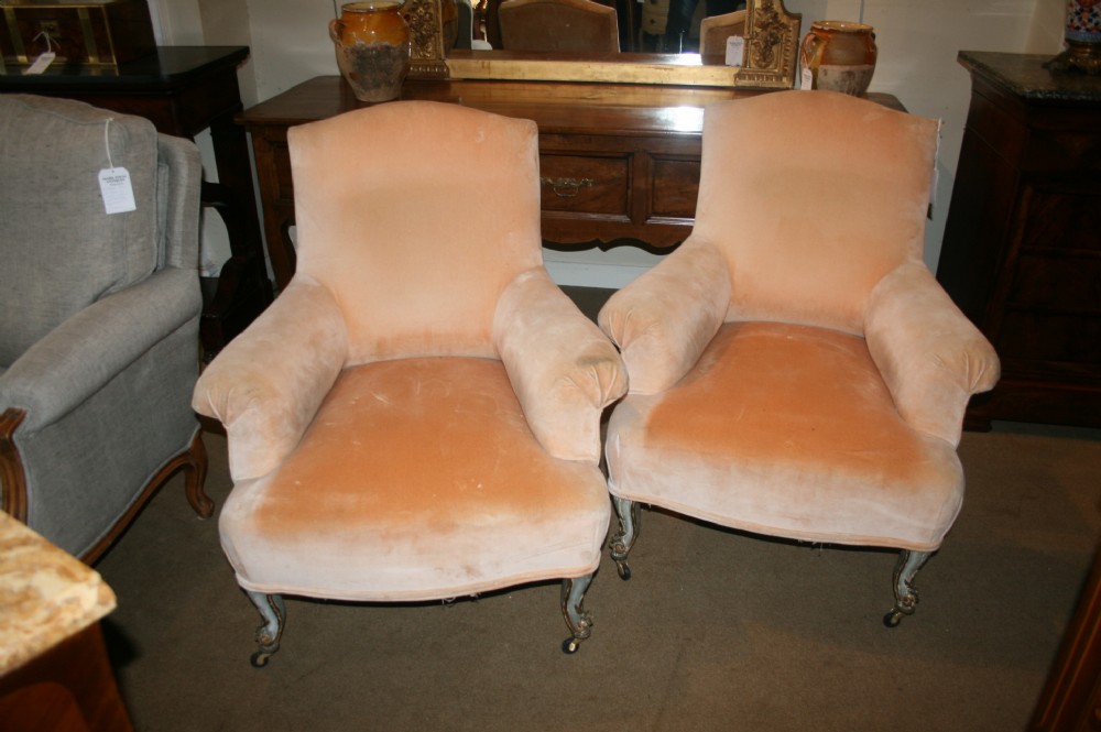 pair french 19th upholstered armchairs
