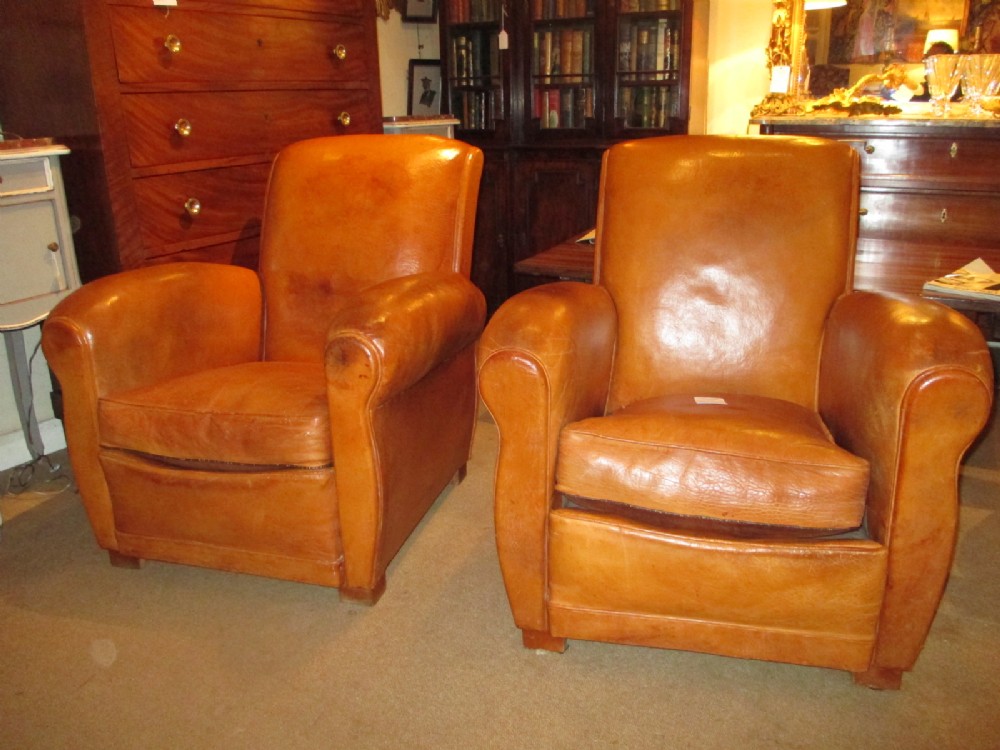 Pair of French leather Club Armchairs